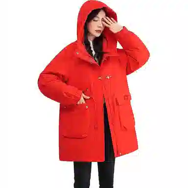鸭鸭 中长款宽松连帽长袖羽绒服 女款