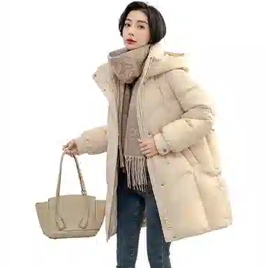 鸭鸭 简约纯色连帽拉链中长款长袖羽绒服 女款