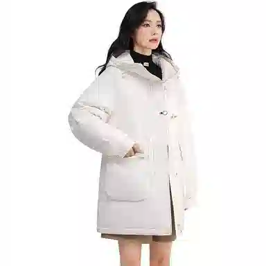 鸭鸭 中长款宽松连帽长袖羽绒服 女款