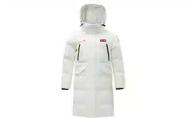 安踏 综训系列 字母贴标中长款连帽羽绒服 女款 白色