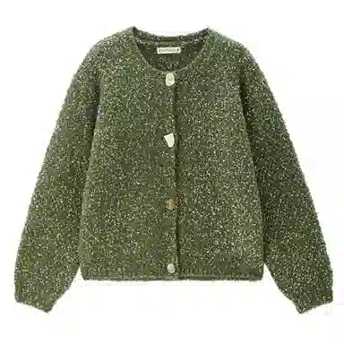 佐丹奴 厚实圈圈纱不规则纽扣开襟毛织长袖针织衫 女款 复古绿