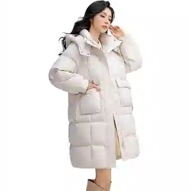 鸭鸭 纯色时尚百搭连帽中长款长袖羽绒服 女款