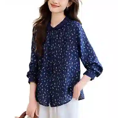 曲韩 翻领撞色波点印花上衣复古减龄显瘦苎麻春季长袖衬衫 女款
