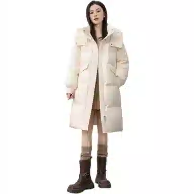 鸭鸭 纯色连帽简约加厚中长款羽绒服 女款