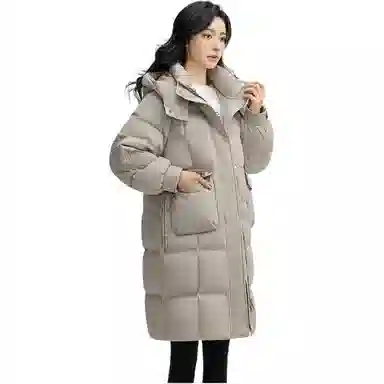 鸭鸭 纯色时尚百搭连帽中长款长袖羽绒服 女款