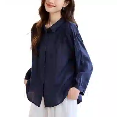 曲韩 翻领刺绣宽松上衣简约通勤轻薄苎麻长袖春季衬衫 女款
