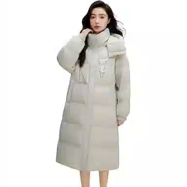 鸭鸭 休闲口袋拉链连帽加厚中长纯色长袖羽绒服 女款