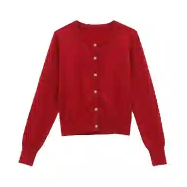 柏黛妃 纯色圆领修身短款针织衫 女款 红色