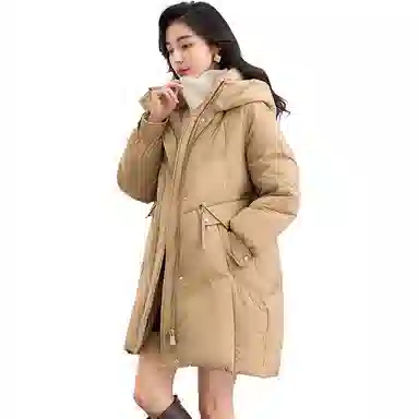 鸭鸭 简约纯色连帽拉链中长款长袖羽绒服 女款