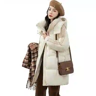 鸭鸭 纯色直筒连帽拉链休闲长袖羽绒服 女款