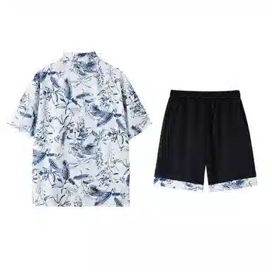 哲源 潮牌时尚宽松短袖上衣拼接舒适系带五分裤休闲运动套装 男女同款