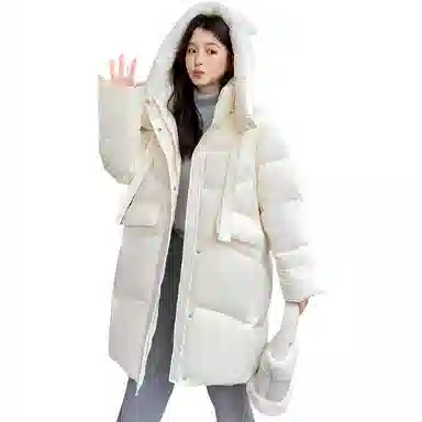 鸭鸭 拉链加厚中长款长袖纯色羽绒服 女款