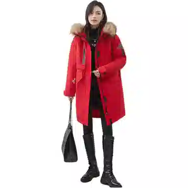 鸭鸭 纯色连帽宽松拉链中长款长袖羽绒服 女款