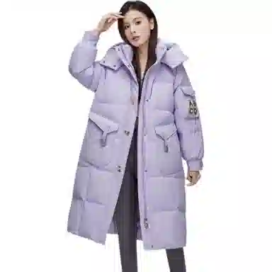 鸭鸭 字母刺绣中长款简约连帽拉链舒适长袖羽绒服 女款