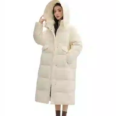鸭鸭 长款连帽保暖长袖纯色羽绒服 女款