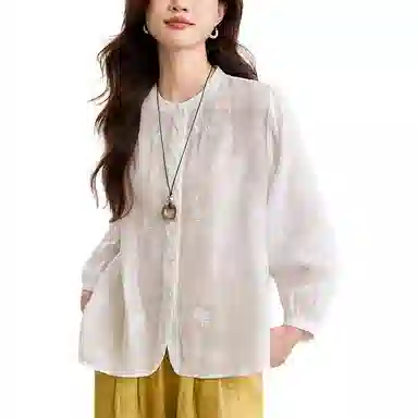 曲韩 立领刺绣显瘦宽松上衣复古文艺减龄苎麻长袖春季衬衫 女款