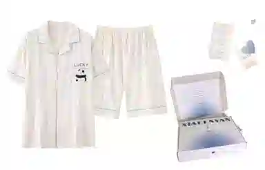 夏芬妍 柔软舒适条纹熊猫纯棉翻领家居服休闲舒适短袖短裤时尚可外穿 睡衣套装 男女同款