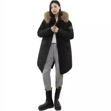 鸭鸭 纯色连帽宽松拉链中长款长袖羽绒服 女款