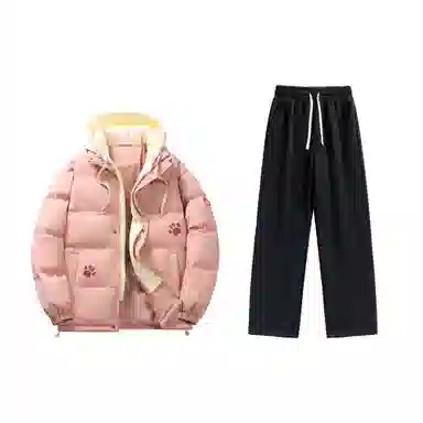 大卫贝肯 美式复古假两件趣味卡通爪印字母印花连帽保暖宽松纯色面包棉服垂感加绒加厚长裤休闲运动套装 男女同款