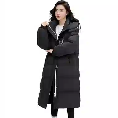 鸭鸭 休闲口袋拉链连帽加厚中长纯色长袖羽绒服 女款