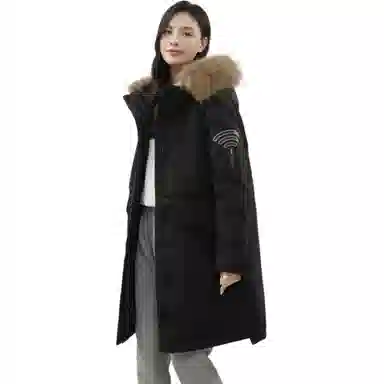 鸭鸭 纯色连帽宽松拉链中长款长袖羽绒服 女款