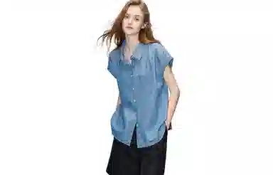 【dme】 休闲尖领纯色短袖衬衫 女款 中牛仔蓝