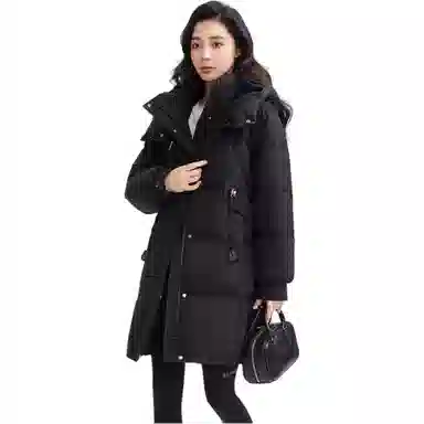 鸭鸭 纯色直筒拉链中长款长袖羽绒服 女款