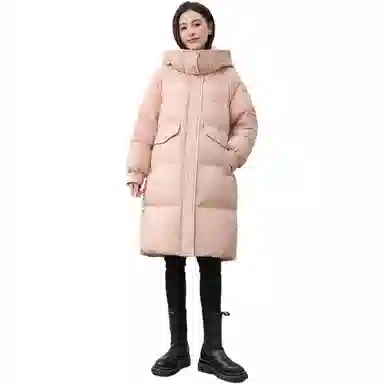 鸭鸭 纯色连帽简约加厚中长款羽绒服 女款