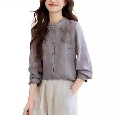 曲韩 花边立领刺绣显瘦上衣文艺复古盘口苎麻长袖春季衬衫 女款