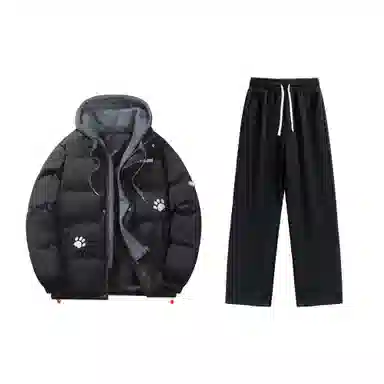 大卫贝肯 美式复古假两件趣味卡通爪印字母印花连帽保暖宽松纯色面包棉服垂感加绒加厚长裤休闲运动套装 男女同款