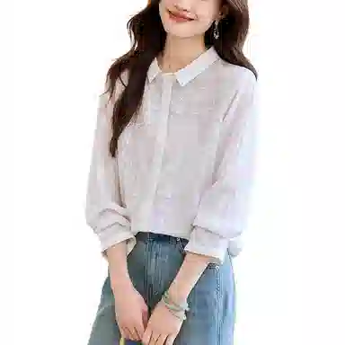 曲韩 翻领重工刺绣显瘦上衣气质文艺减龄苎麻长袖春季衬衫 女款