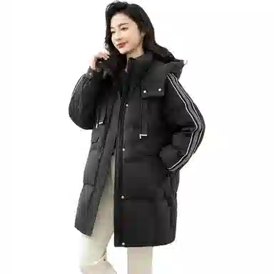 鸭鸭 纯色直筒连帽拉链休闲长袖羽绒服 女款