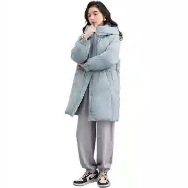鸭鸭 简约纯色连帽拉链中长款长袖羽绒服 女款