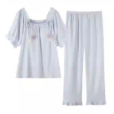 莫代尔 简约舒适亲肤柔软轻盈透气带胸垫防凸点带图案短袖长裤睡衣套装 女款 浅蓝色