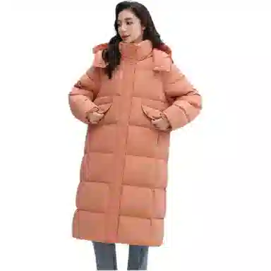 鸭鸭 长款连帽保暖长袖纯色羽绒服 女款
