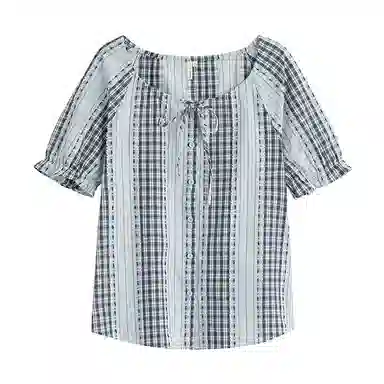 茵曼 圆领格子条纹剪花宽松短袖衬衫 女款 彩蓝格