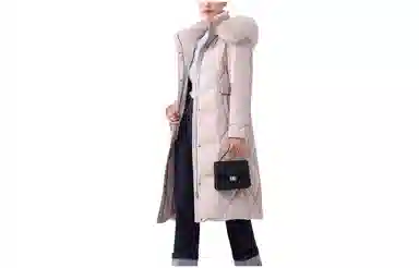 坦博尔 纯色长款过膝连帽大毛领羽绒服 女款