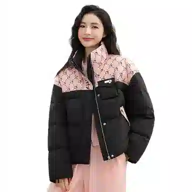 鸭鸭 立领短款拼接卡通时尚休闲百搭学院风可爱宽松面包羽绒服 女款