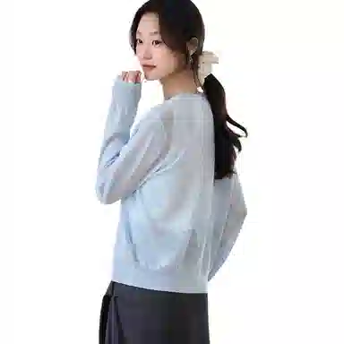 曲韩 冰丝纯色常规长袖针织衫 女款