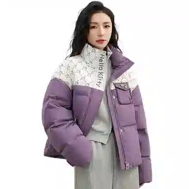 鸭鸭 立领短款拼接卡通时尚休闲百搭学院风可爱宽松面包羽绒服 女款