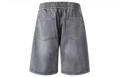 加菲猫家族 美式高街复古水洗做旧磨白拼接直筒阔腿休闲宽松潮流时尚日常百搭舒适柔软透气系带五分牛仔短裤 男女同款