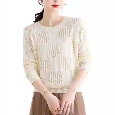 曲韩 圆领镂空短款上衣超好看百搭宽松薄款长袖春季针织衫 女款