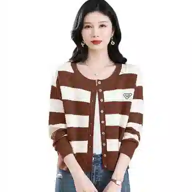恒源祥 时尚百搭洋气条纹圆领长袖开衫针织衫 女款