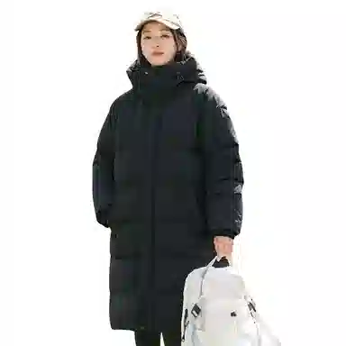 鸭鸭 美式复古基础款纯色户外运动舒适柔软防水无性别宽松休闲百搭高街轻便中长保暖防寒连帽羽绒服 男女同款 黑色