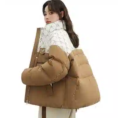 鸭鸭 立领短款拼接卡通时尚休闲百搭学院风可爱宽松面包羽绒服 女款