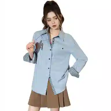 法文箱子 条纹翻领纽扣长袖衬衫 女款