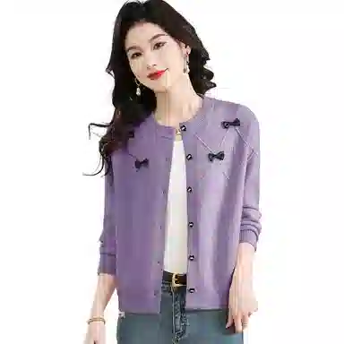 恒源祥 洋气时尚百搭纯色圆领长袖开衫针织衫 女款