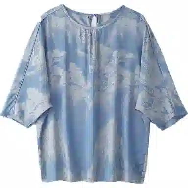 曲韩 复古印花圆领五分袖衬衫 女款