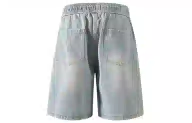 加菲猫家族 美式高街复古水洗做旧磨白拼接直筒阔腿休闲宽松潮流时尚日常百搭舒适柔软透气系带五分牛仔短裤 男女同款