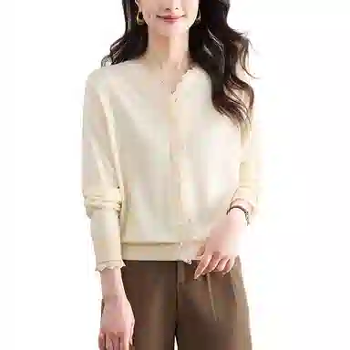 曲韩 半开领蕾丝边短款开衫外套气质温柔长袖春秋针织衫 女款